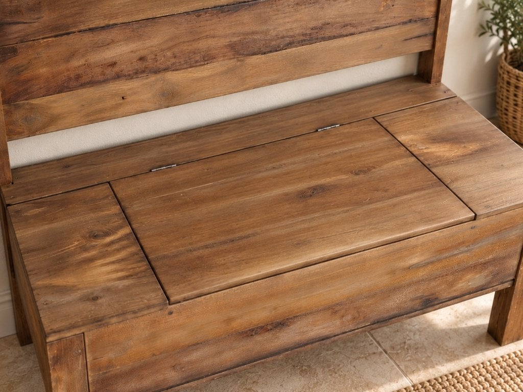 Nieuwe grote houten opbergbank met klep – magazijnopruiming, Info@decotradingtwente.nl, DTT, Ophalen of Verzenden, Rechte bank