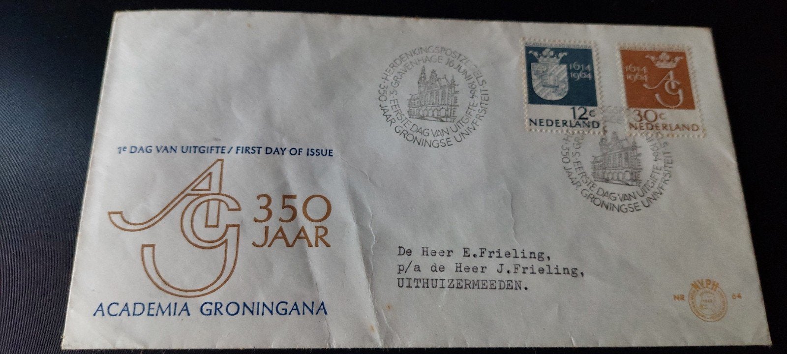 Eerste dag envelope e64 universteit groningen zegels 1964, Ophalen, Beschreven, Nederland