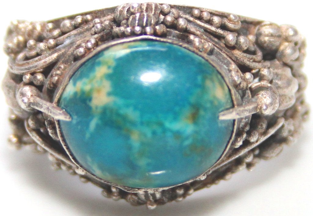 Schitterende 950/1000 Zilver Ring Cabochon Eilatsteen, Sieraden, Tassen en Uiterlijk, Antieke sieraden, Ophalen of Verzenden, Zilver