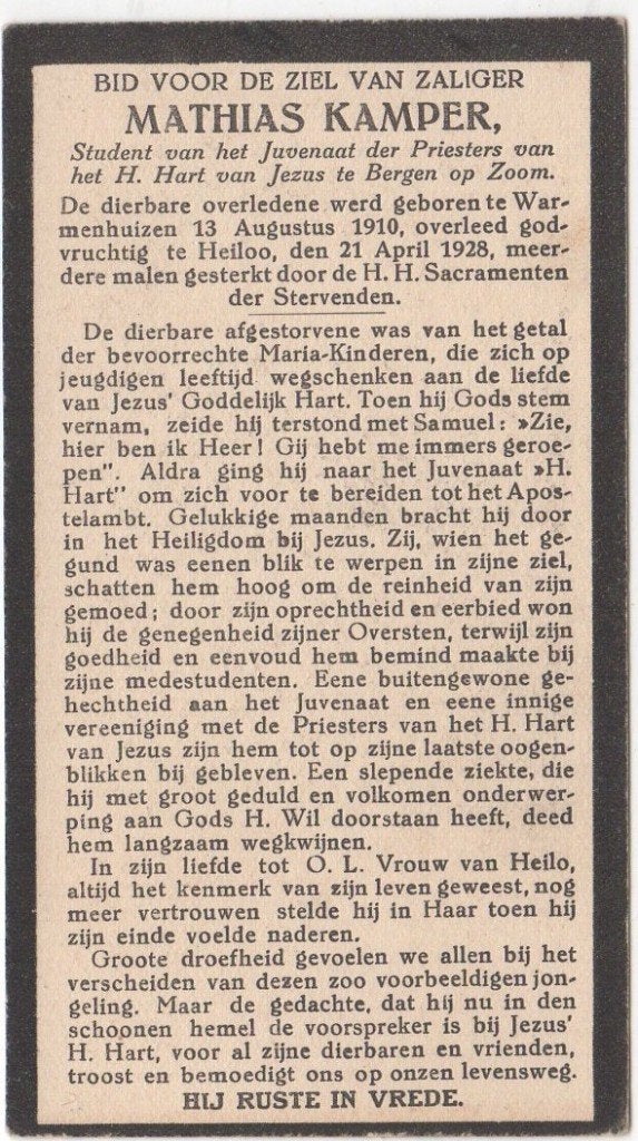Mathias Kamper 1910 Warmenhuizen + 1928 Heiloo, 17 jaar oud, Verzenden