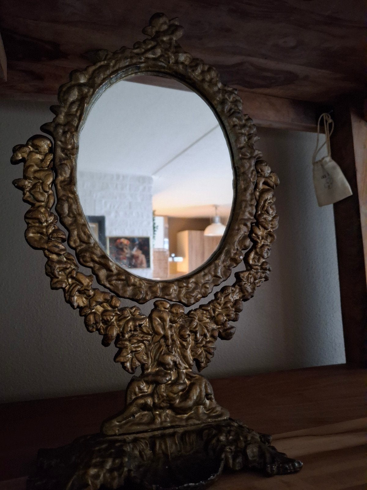 Antieke Barok Spiegel met Engeltjes, Antiek en Kunst, Ophalen of Verzenden, Ovaal, Minder dan 50 cm