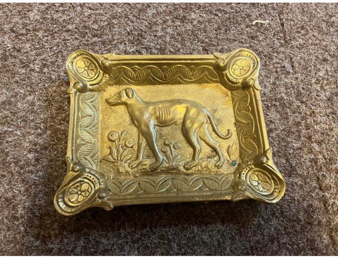 Antiek asbak geel koper hond 11x14, Antiek en Kunst, Antiek | Koper en Brons, Ophalen of Verzenden, Koper