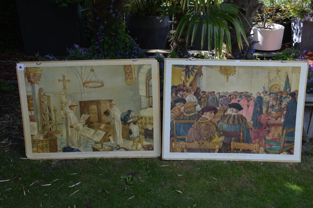 2 oude schoolplaten van Vaderlandsche Geschiedenis, Wolters, Antiek en Kunst, Antiek | Schoolplaten, Ophalen of Verzenden, Geschiedenis
