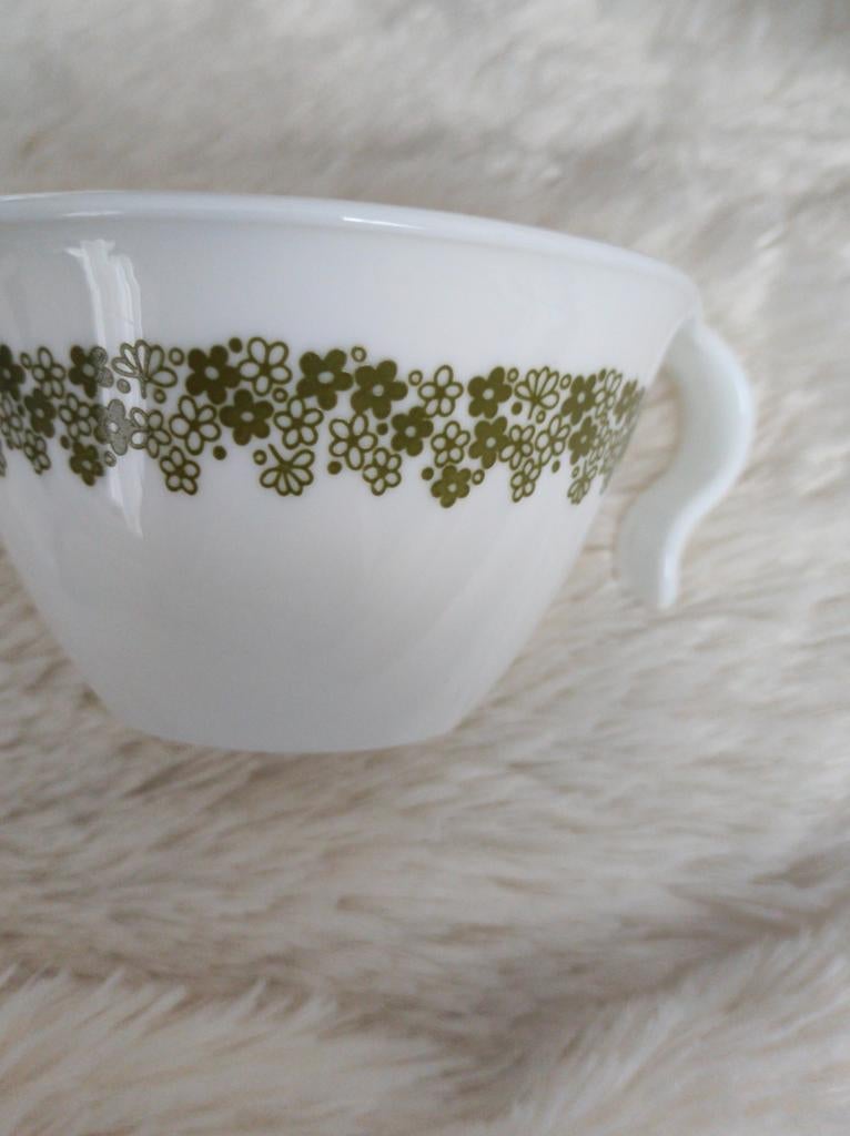 Vintage Corelle, soepkom met schotel 6 stuks, groene rand, Ophalen of Verzenden, Overige stijlen, Kop(pen) en/of Schotel(s)