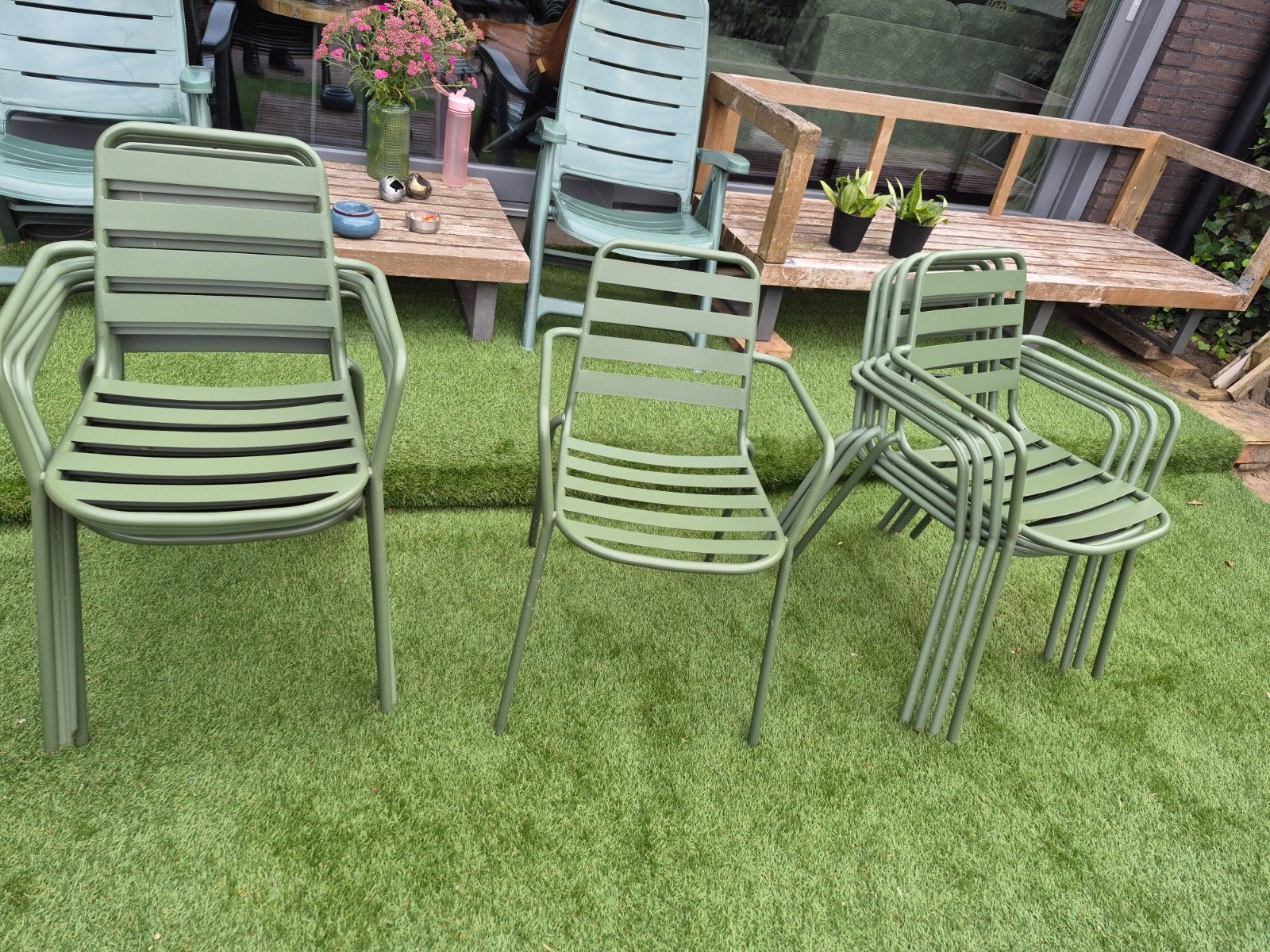 Stapelbare Tuinstoelen - Groen Metaal, Tuin en Terras, Ophalen, Gebruikt, Metaal, Stapelbaar