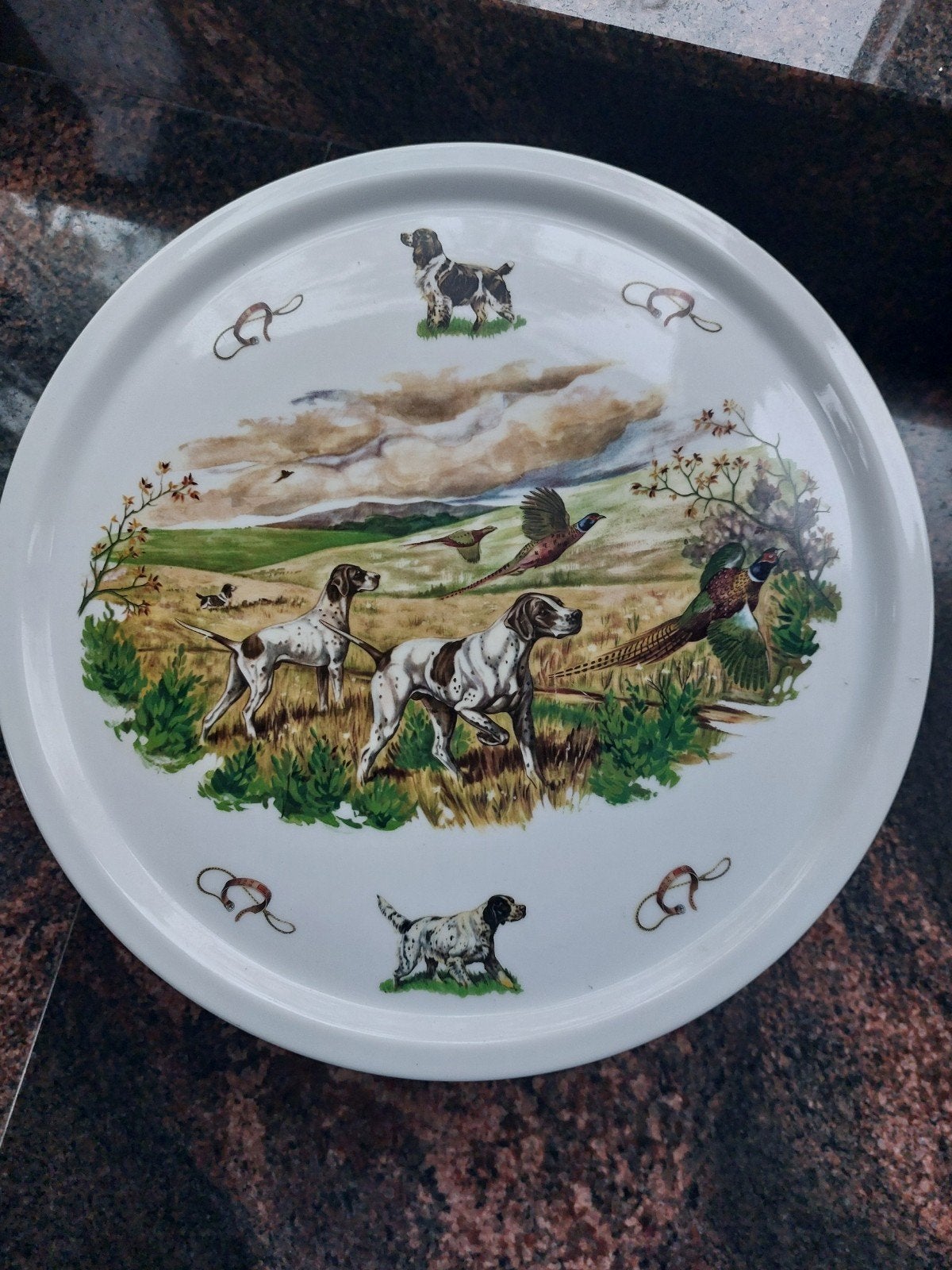 Vintage Royal Schwabap serveerschaal honden en pauw tafereel, Ophalen of Verzenden