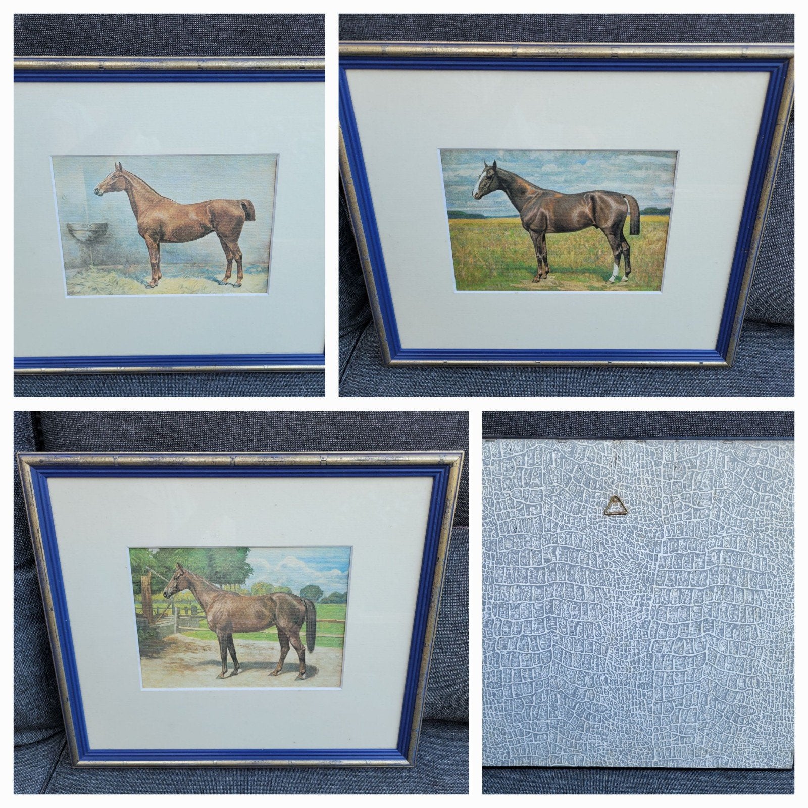 3 x Print van paard in blauw/goud lijst +passe partout en, Ophalen of Verzenden