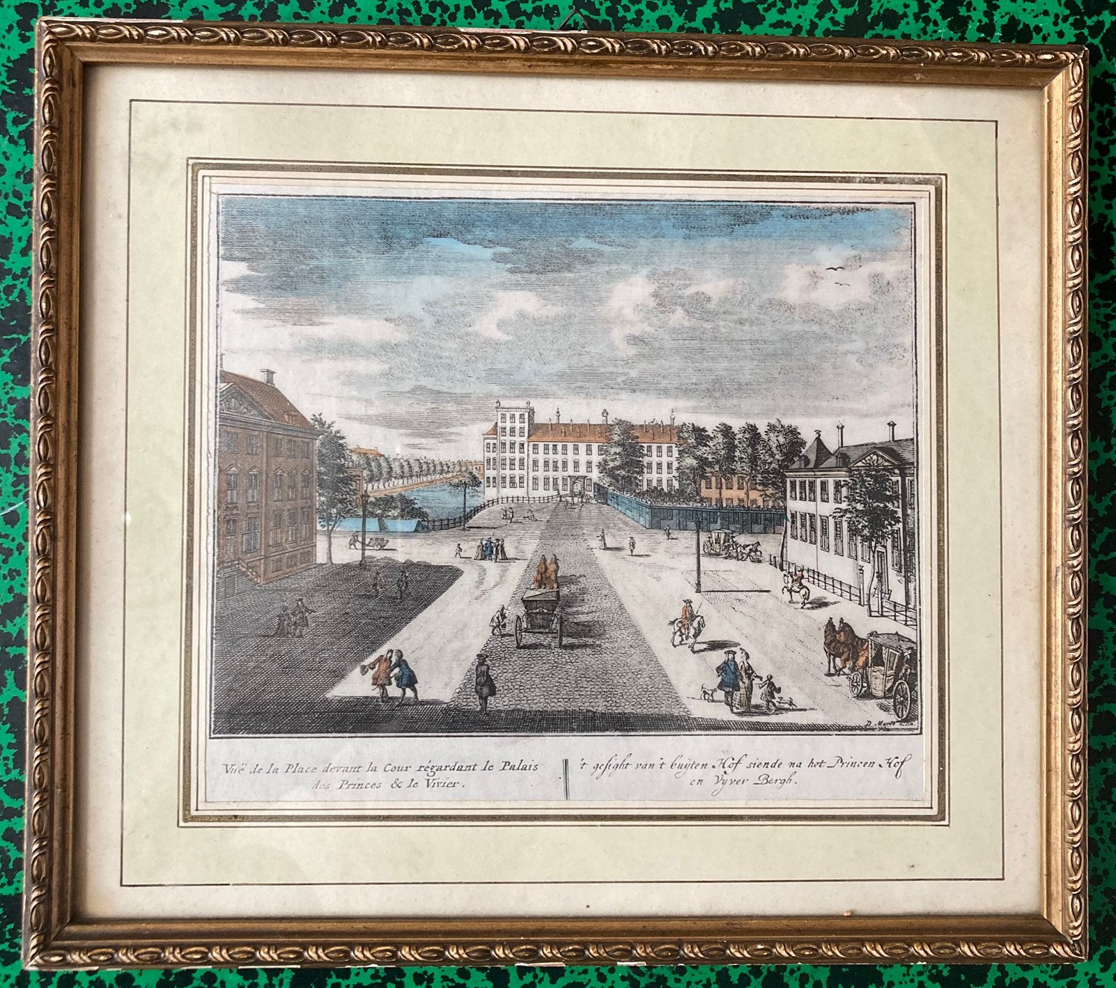 Antieke gravure  prinsenhof en Vijverberg Den Haag, Antiek en Kunst, Ophalen of Verzenden