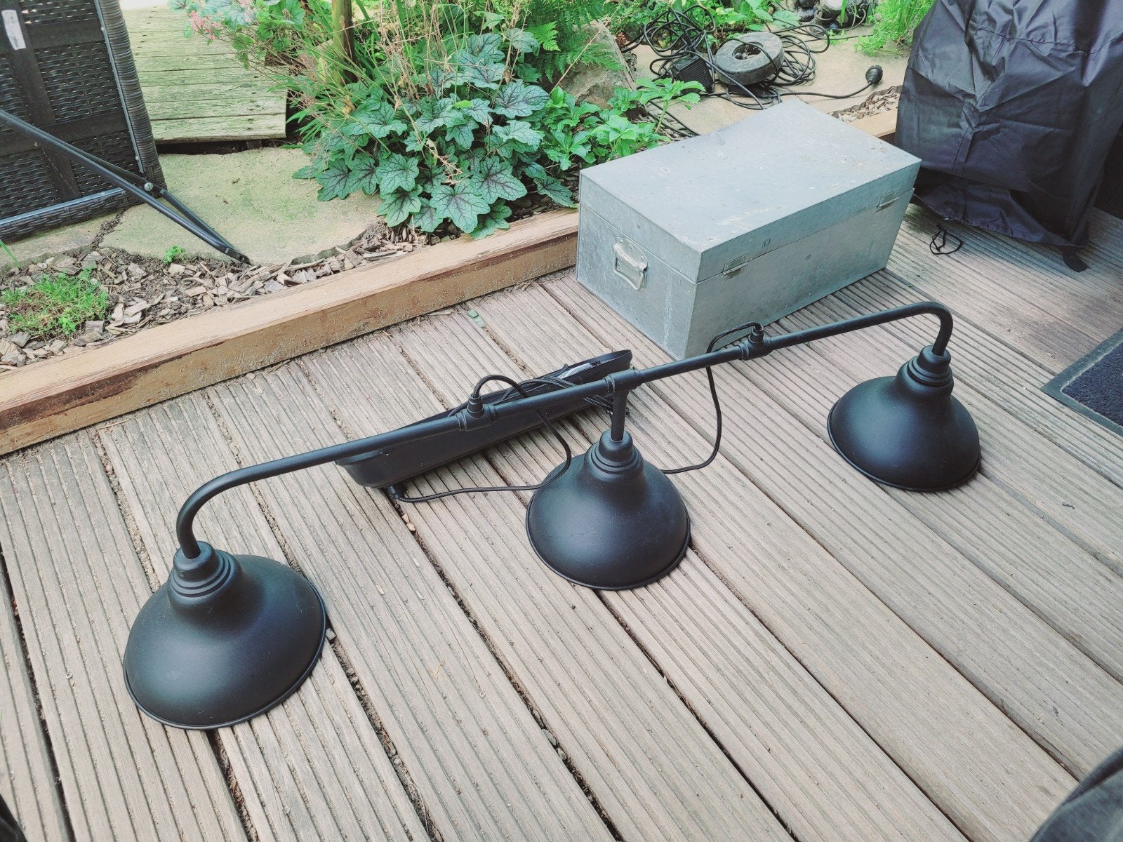 Zwarte industriële hanglamp met 3 lampen - 125cm breed, Ophalen, Gebruikt, E27 (groot), Metaal