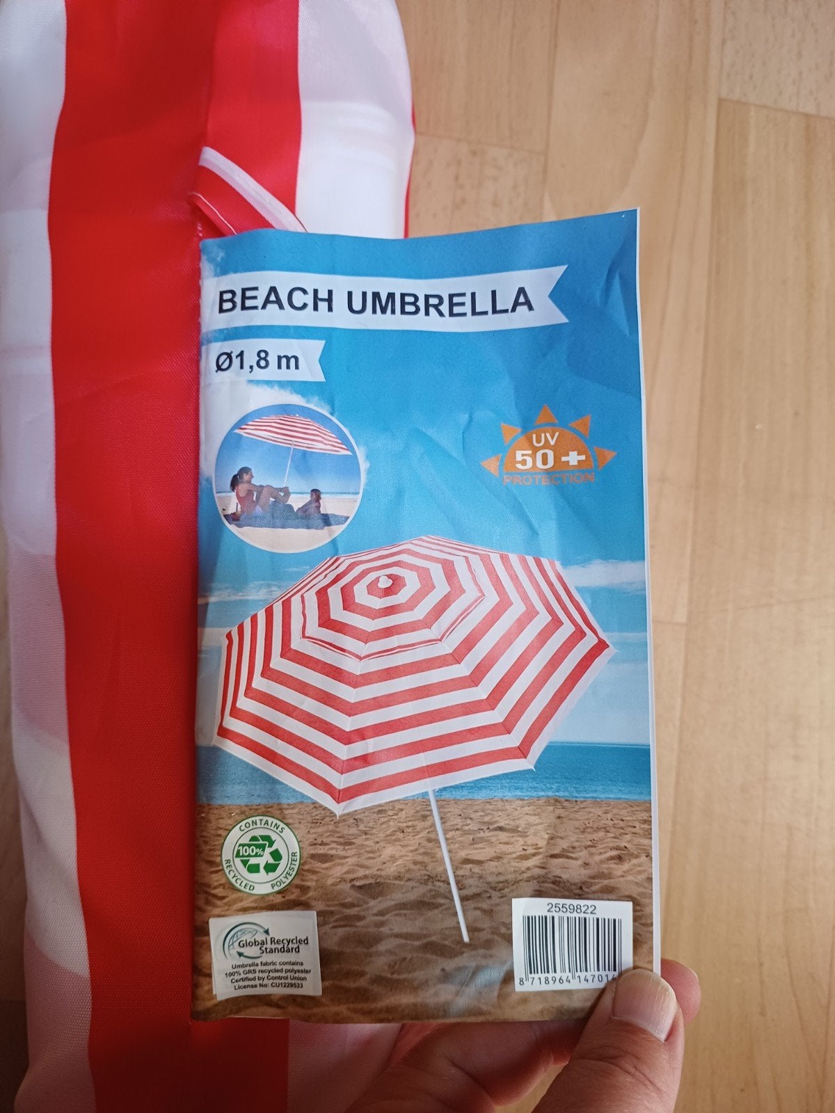 Strandparasol rood/wit - Zo goed als nieuw - 1,8m diameter, Ophalen, Zo goed als nieuw, 1 tot 2 meter, Strandparasol