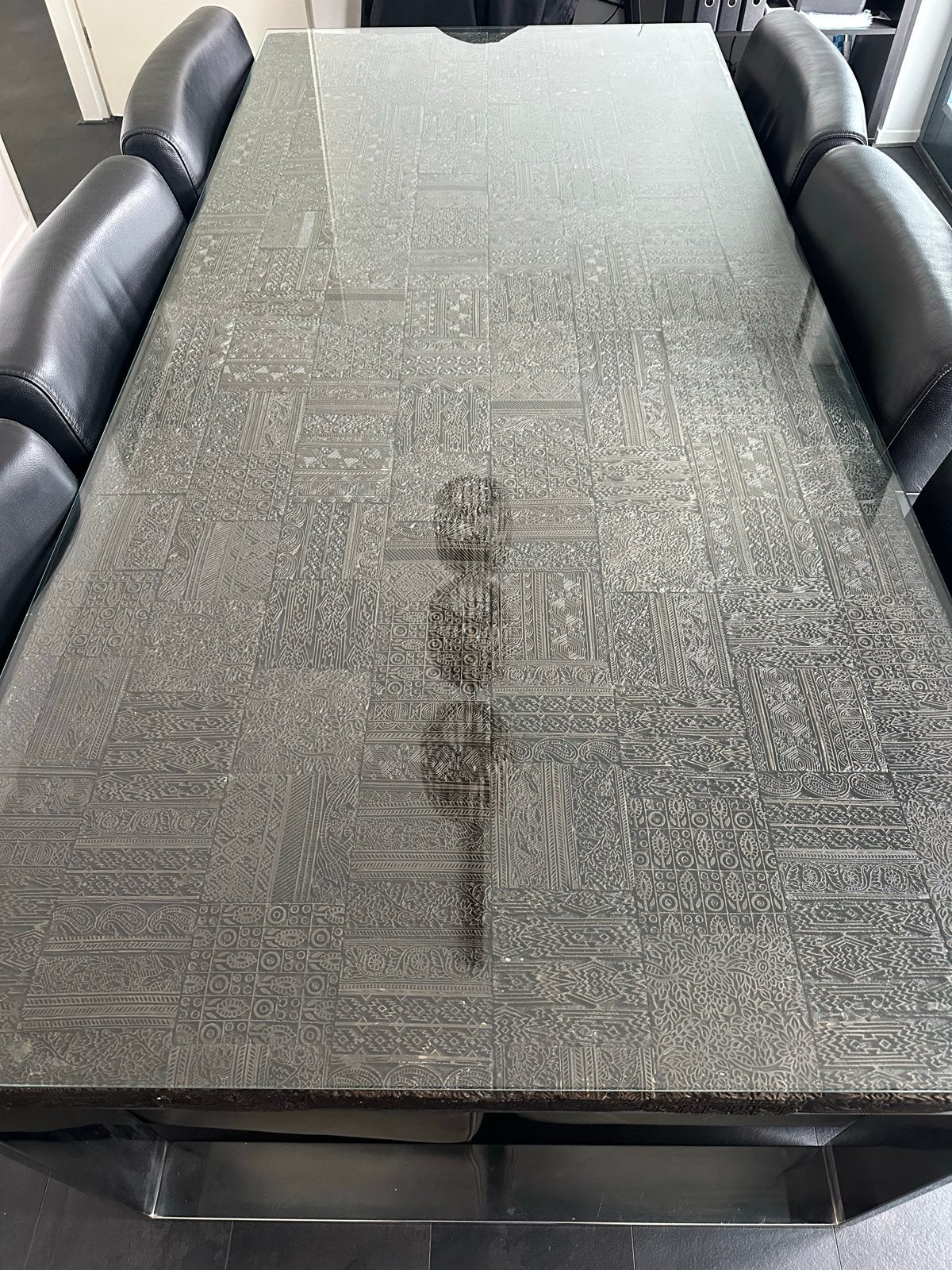 Goossens eettafel met glazen blad en 6 stoelen, Ophalen, Gebruikt, 100 tot 150 cm, Glas