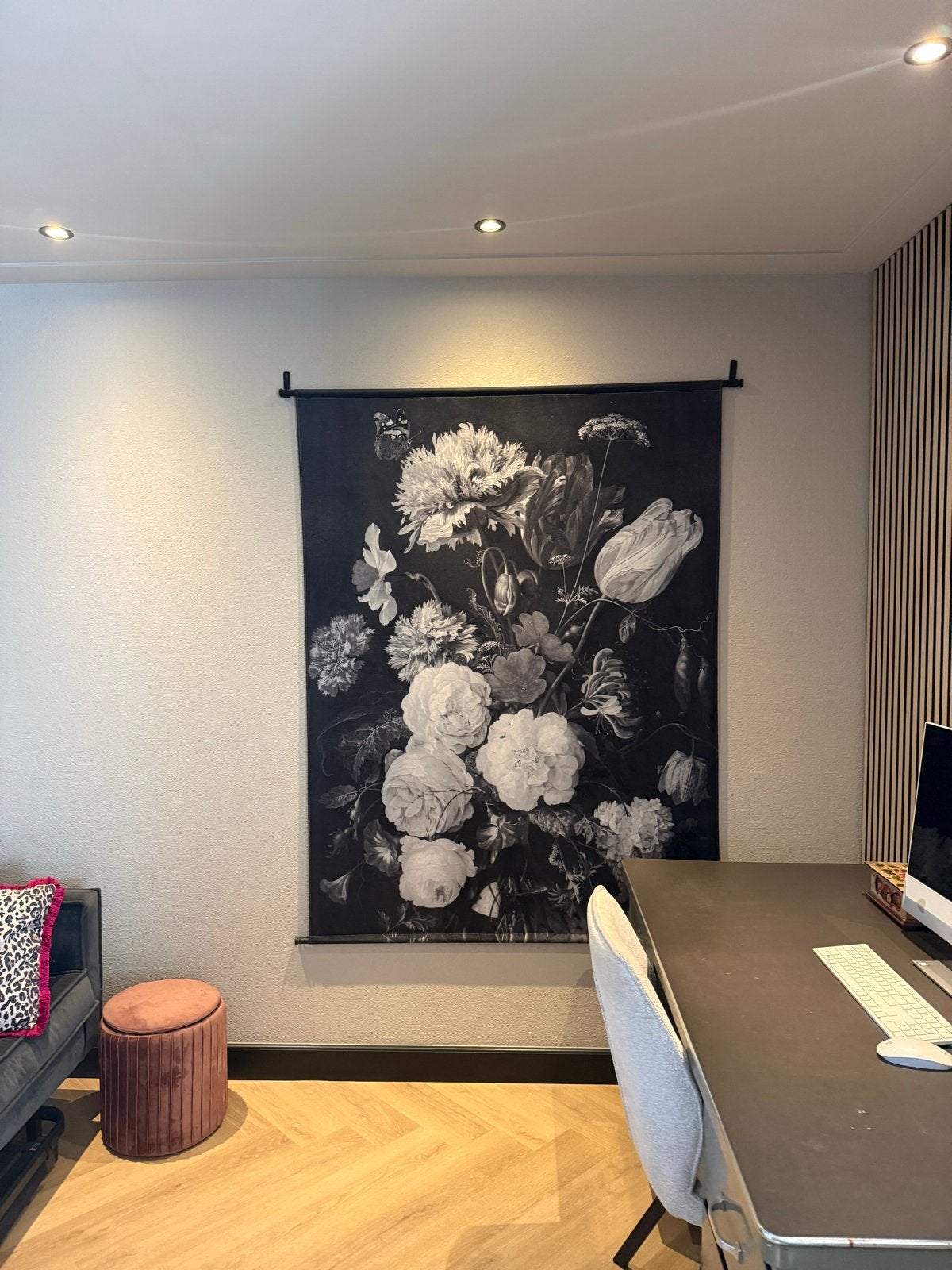 Wandkleed met bloemenprint - Zwart-wit, Ophalen, Gebruikt, Zwart, Met ophangsysteem