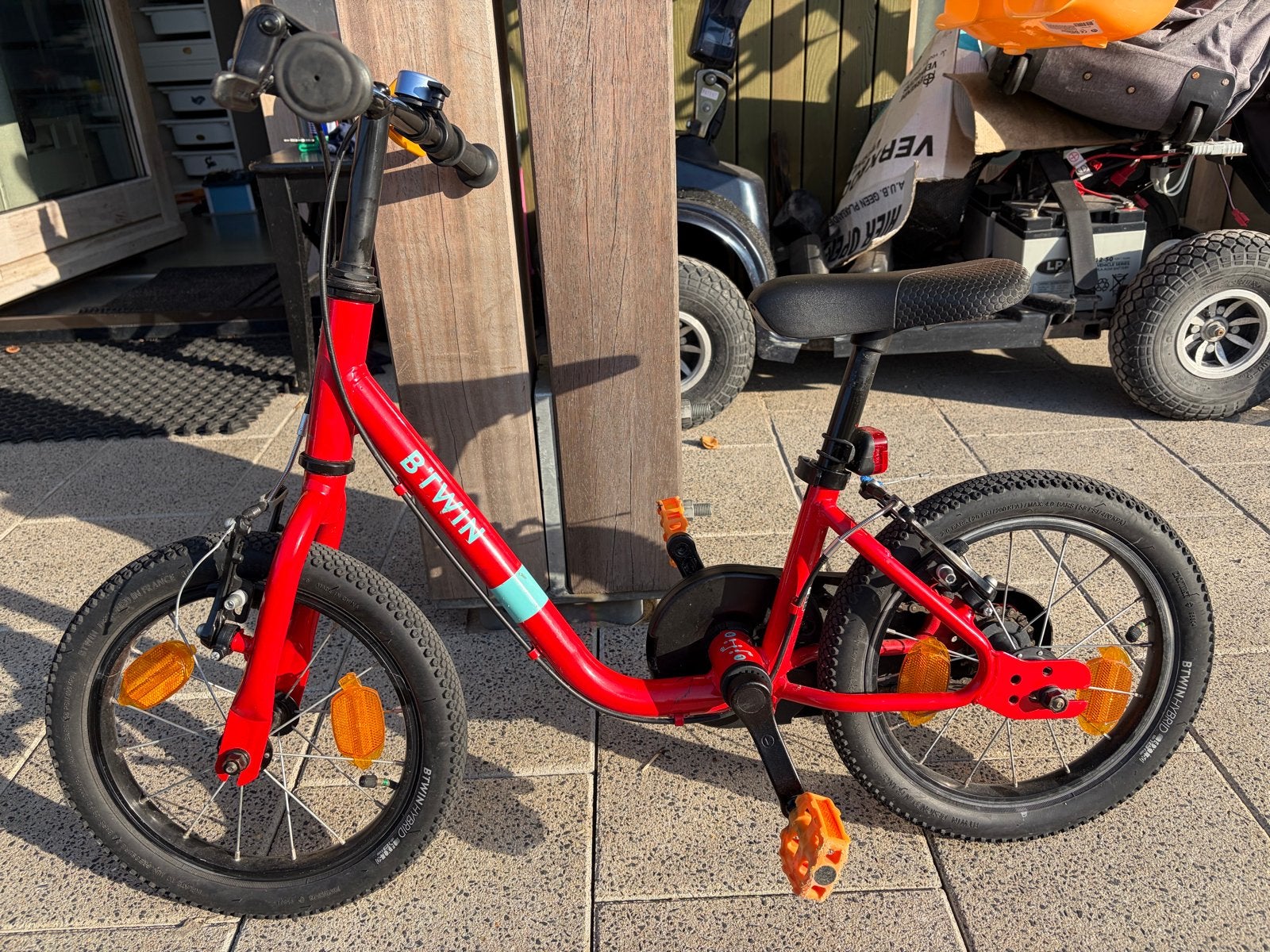 Btwin Discover 500 kinderfiets - Rood, Ophalen, Gebruikt, Velgrem, Minder dan 16 inch