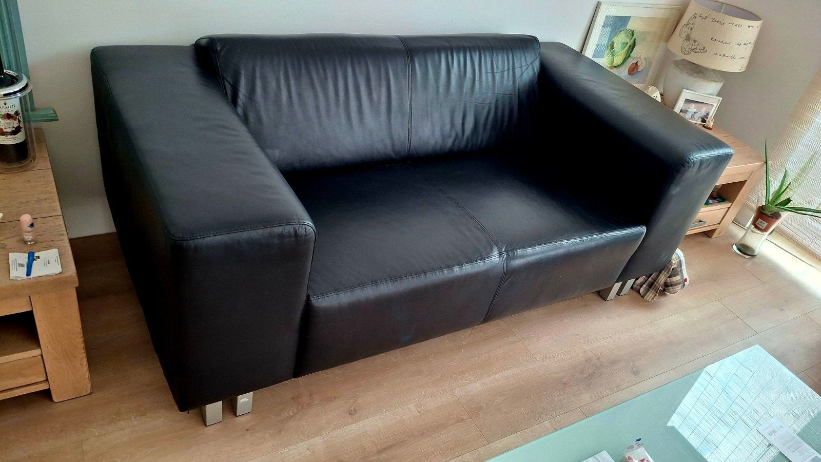 Zwarte leren tweepersoonsbank, Huis en Inrichting, Ophalen, Gebruikt, 150 tot 200 cm, Tweepersoons