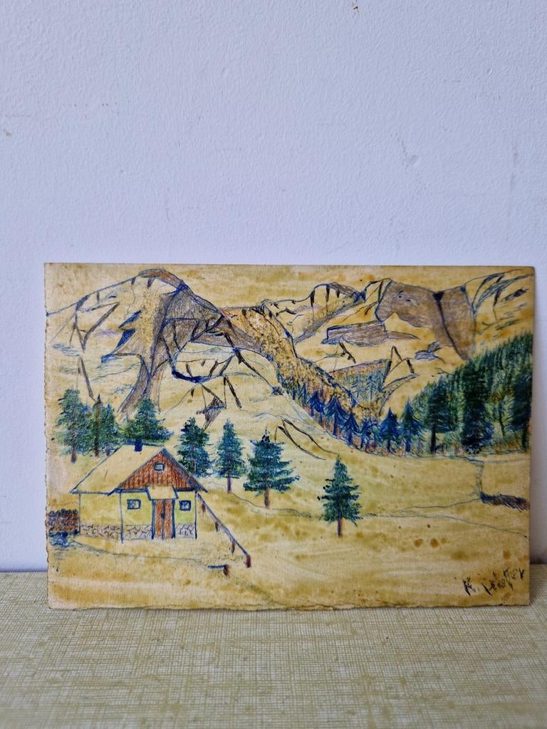 Originele tekening vintage naïeve kunst volkskunst, Ophalen of Verzenden