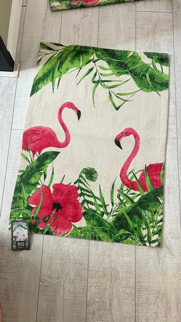 2 Flamingo Katoenen Vloermat  85x60 cm, Wit, Rechthoekig, Nieuw, 200 cm of meer