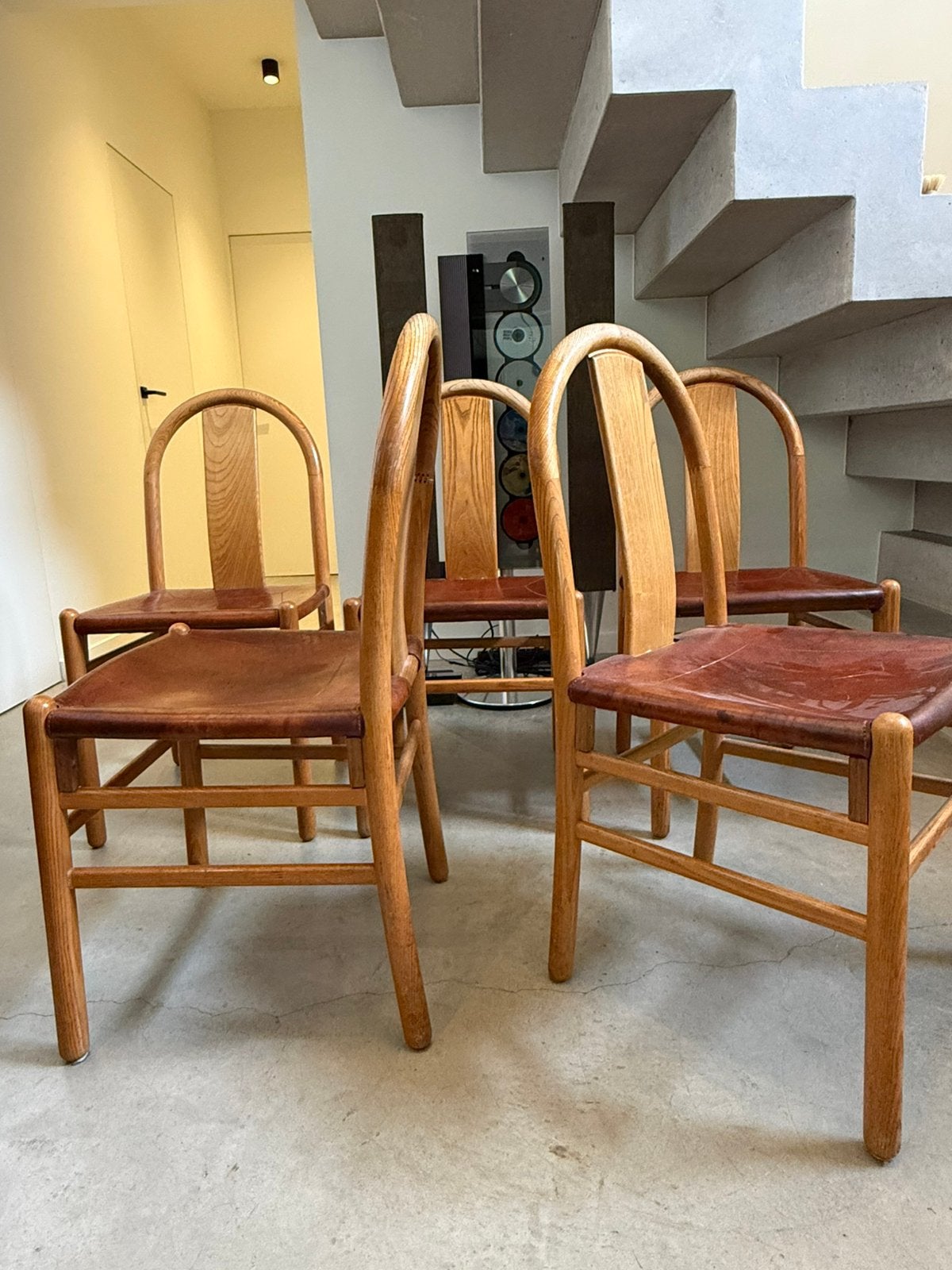 Set van 5 vintage stoelen uit leder en hout, Ophalen, Gebruikt, Bruin, Vijf, Zes of meer stoelen
