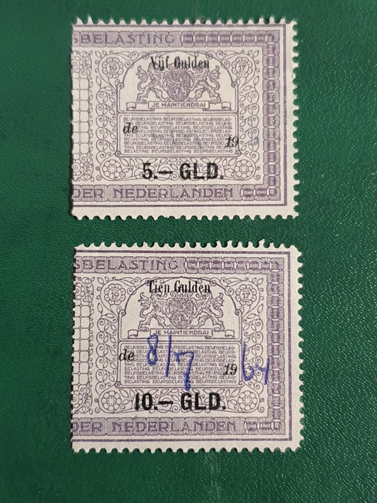 Nederlandse belastingzegels 5 en 10 Gulden, Postzegels en Munten, Ophalen of Verzenden, Gestempeld