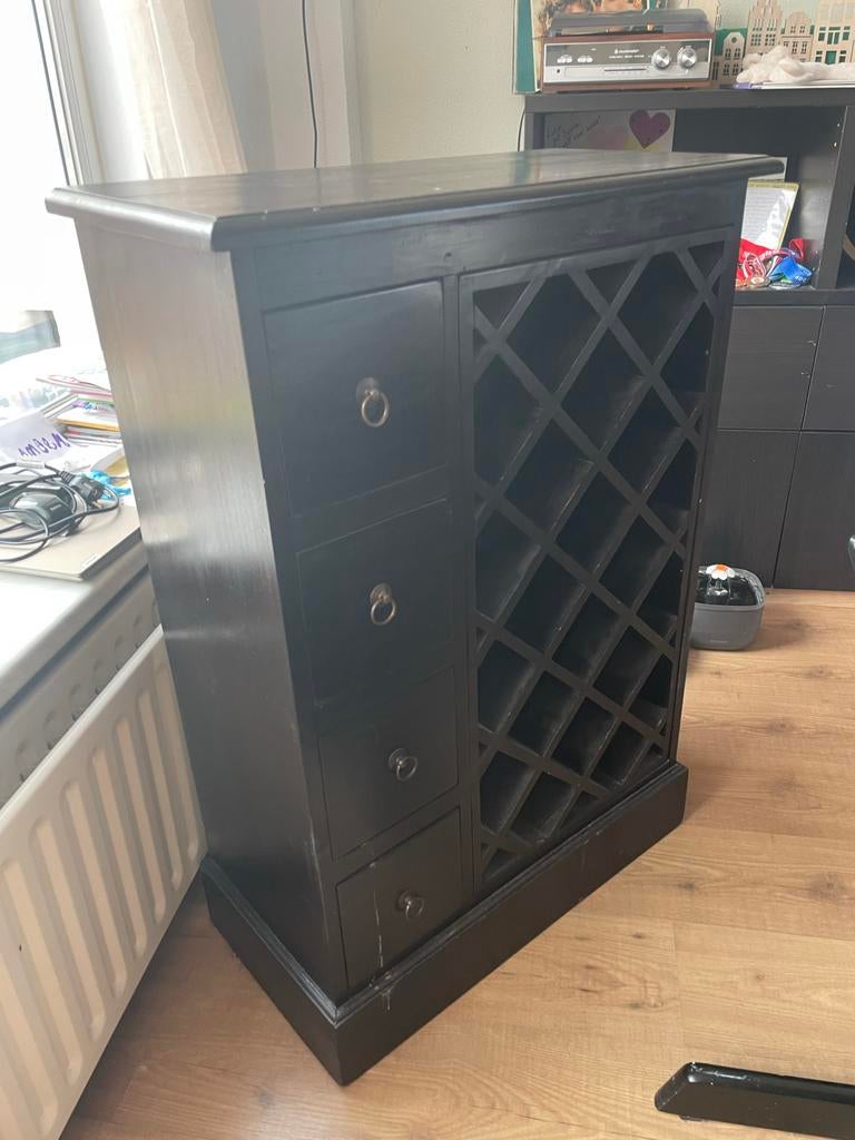 Koloniale wijnkast met lades - massief hout, Ophalen, Gebruikt, 15 tot 25 flessen, 75 cm of meer
