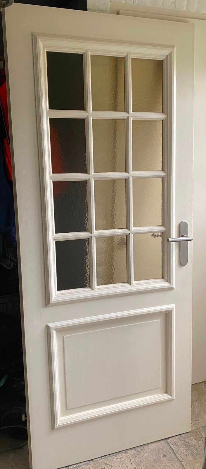 Witte binnendeur met glaspanelen en klink, Doe-het-zelf en Verbouw, Ophalen, Gebruikt, 80 tot 100 cm, Binnendeur