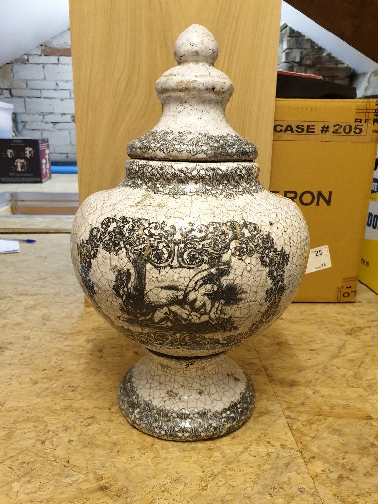 Decoratieve pot met deksel - Craquelé en zwart decor, Ophalen of Verzenden