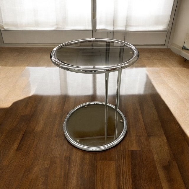 Mid-Century bijzettafel Bauhaus Eileen Gray glas chroom 235, Gebruikt, Bauhaus, Bijzettafel, Rond