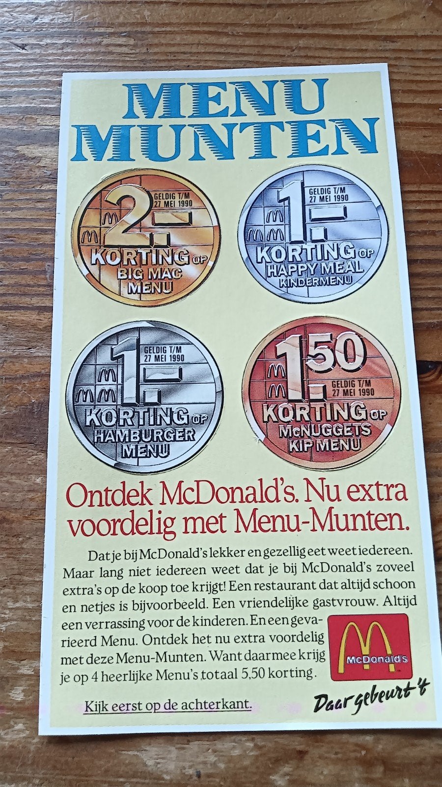 Mc Donald's 6 x menu munt 1990 kenmerk S7, Ophalen of Verzenden, Overige materialen, Nederland