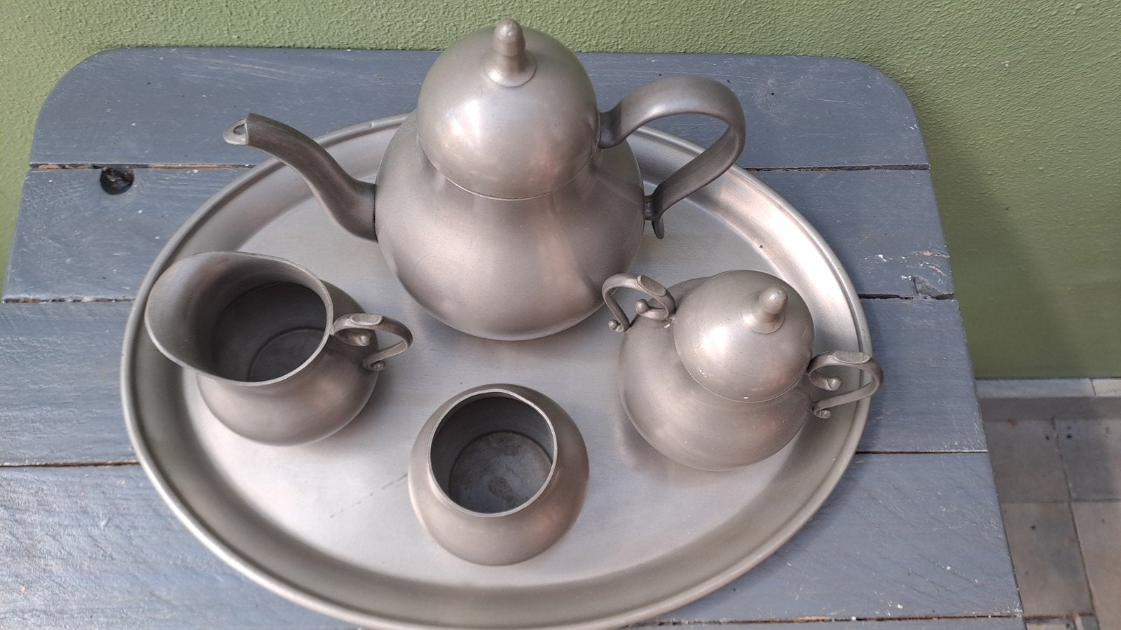 Prachtig 5-delig Vintage Tinnen Theeservies – G. Kurz Tiel, Antiek en Kunst, Ophalen of Verzenden