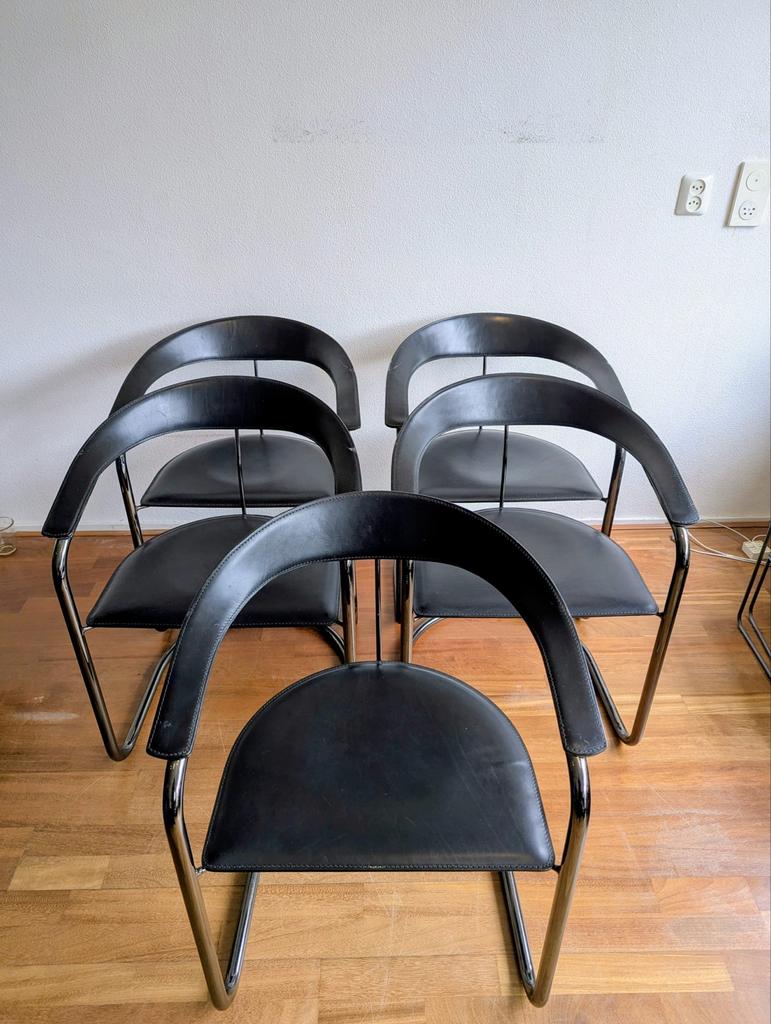Vintage Hulshoff Tuigleren Eetkamerstoelen - Set van 5, Ophalen, Gebruikt, Design, Leer