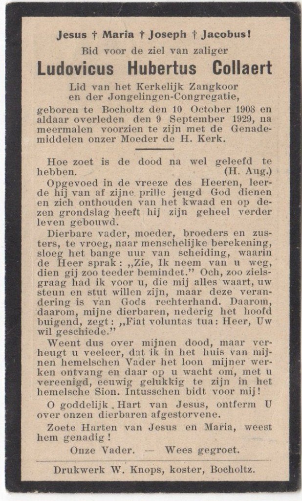 Ludovicus H. Collaert 1908 Bocholtz + 1929 Bocholtz, 20 jr, Ophalen of Verzenden