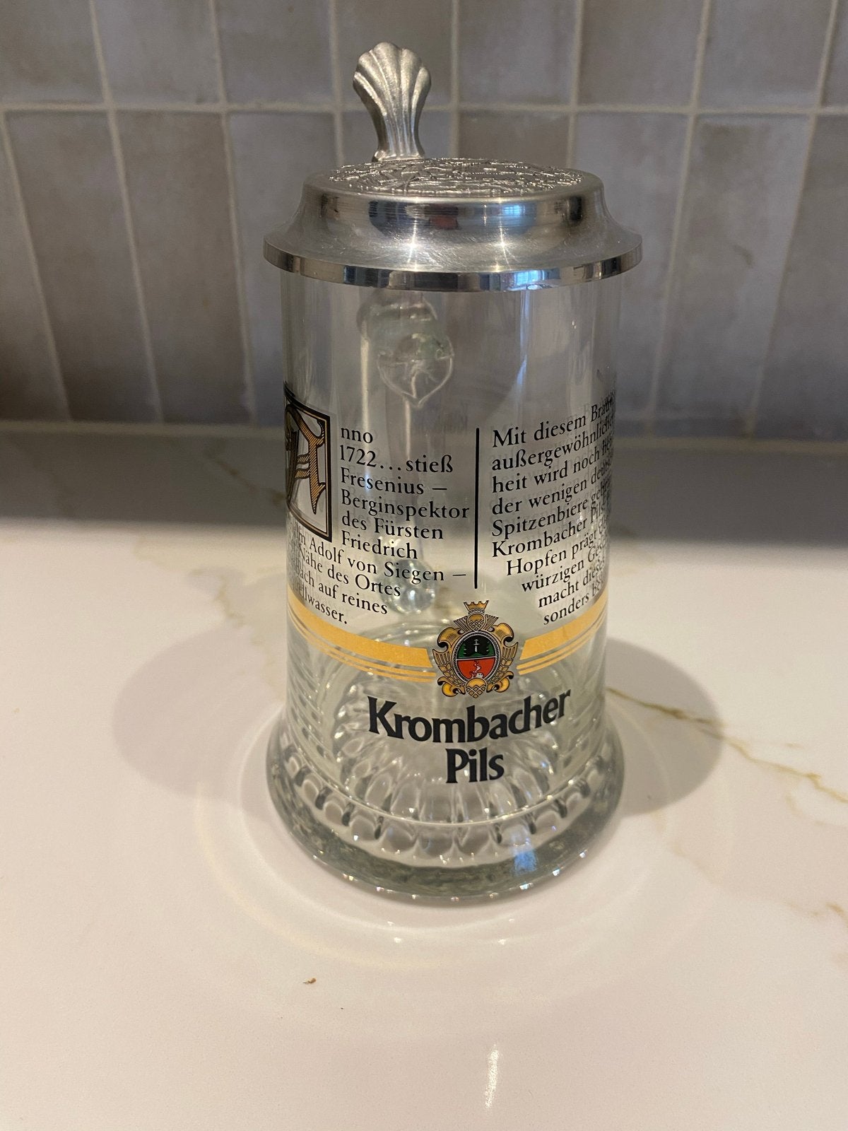 Vintage Krombacher Pils Bierpul met Tinnen Deksel, Ophalen of Verzenden, Zo goed als nieuw