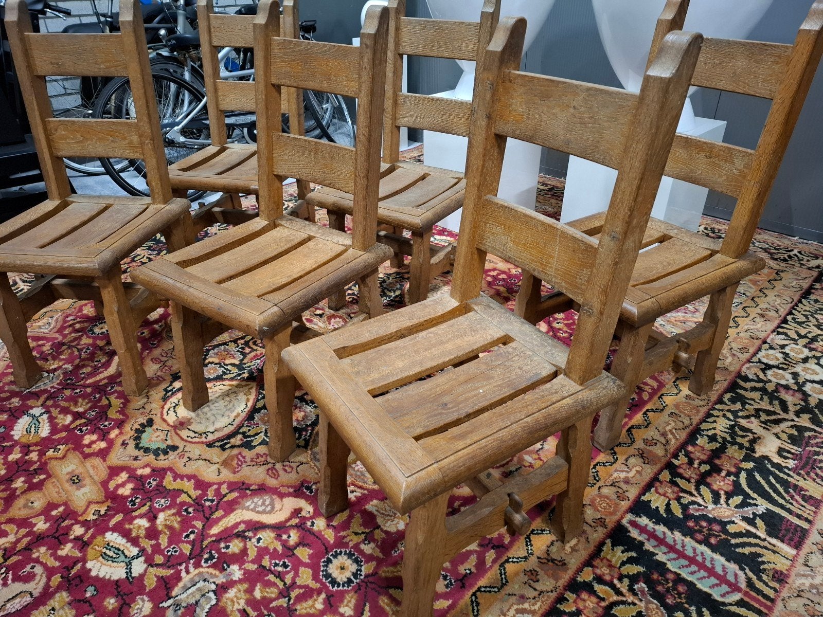 Vintage brutalist Eiken stoelen unieke 6 delige set! Zie oms, Ophalen, Gebruikt, Bruin, Vijf, Zes of meer stoelen