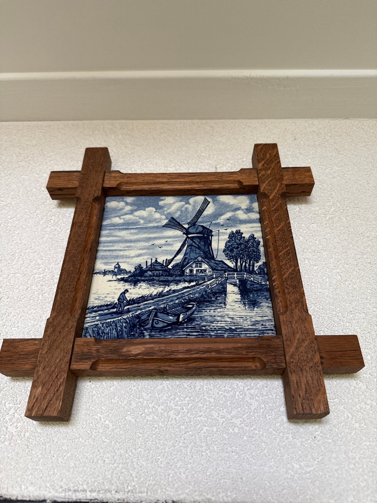 Delfts Blauw Tegeltableau met Molen in Houten Lijst, Ophalen of Verzenden