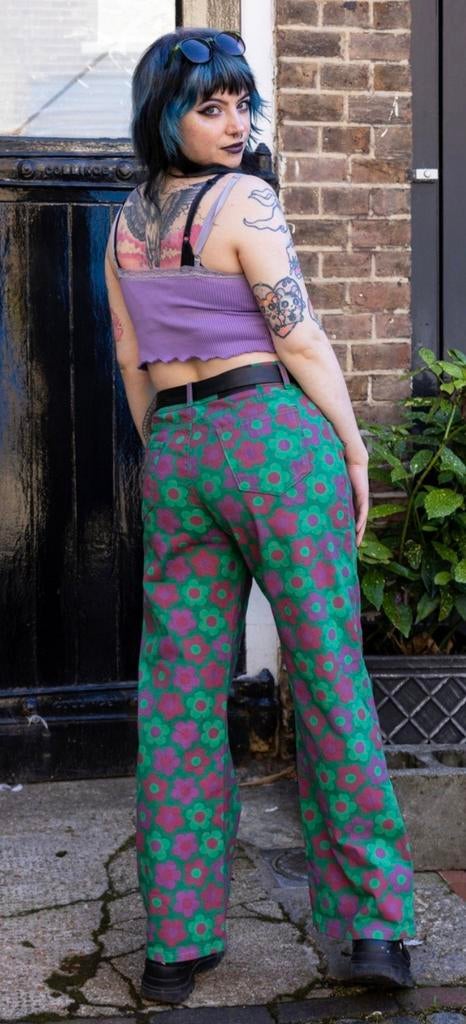 90's Green Magic Flower Wide Leg Jeans - Run & Fly, Kleding | Dames, Broeken en Pantalons, Zo goed als nieuw, Maat 46/48 (XL) of groter