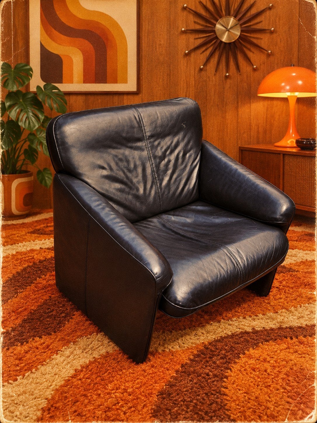 2x Retro Vintage Jaren 70 Zwart Leren Design Fauteuils, Huis en Inrichting, Ophalen, Gebruikt, 75 tot 100 cm, 50 tot 75 cm
