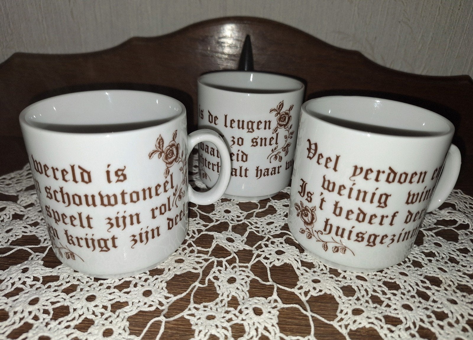 3 antieke mokken met spreuken, Ophalen of Verzenden