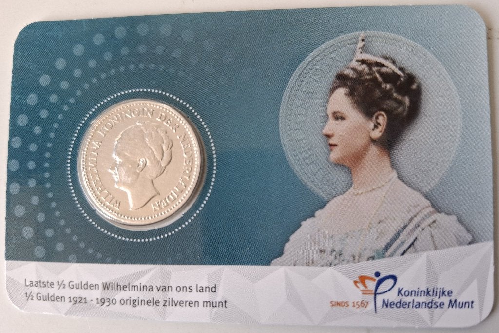 Zilveren ½ Gulden Wilhelmina in coincard 1930, Verzenden, Koningin Wilhelmina, 1 gulden