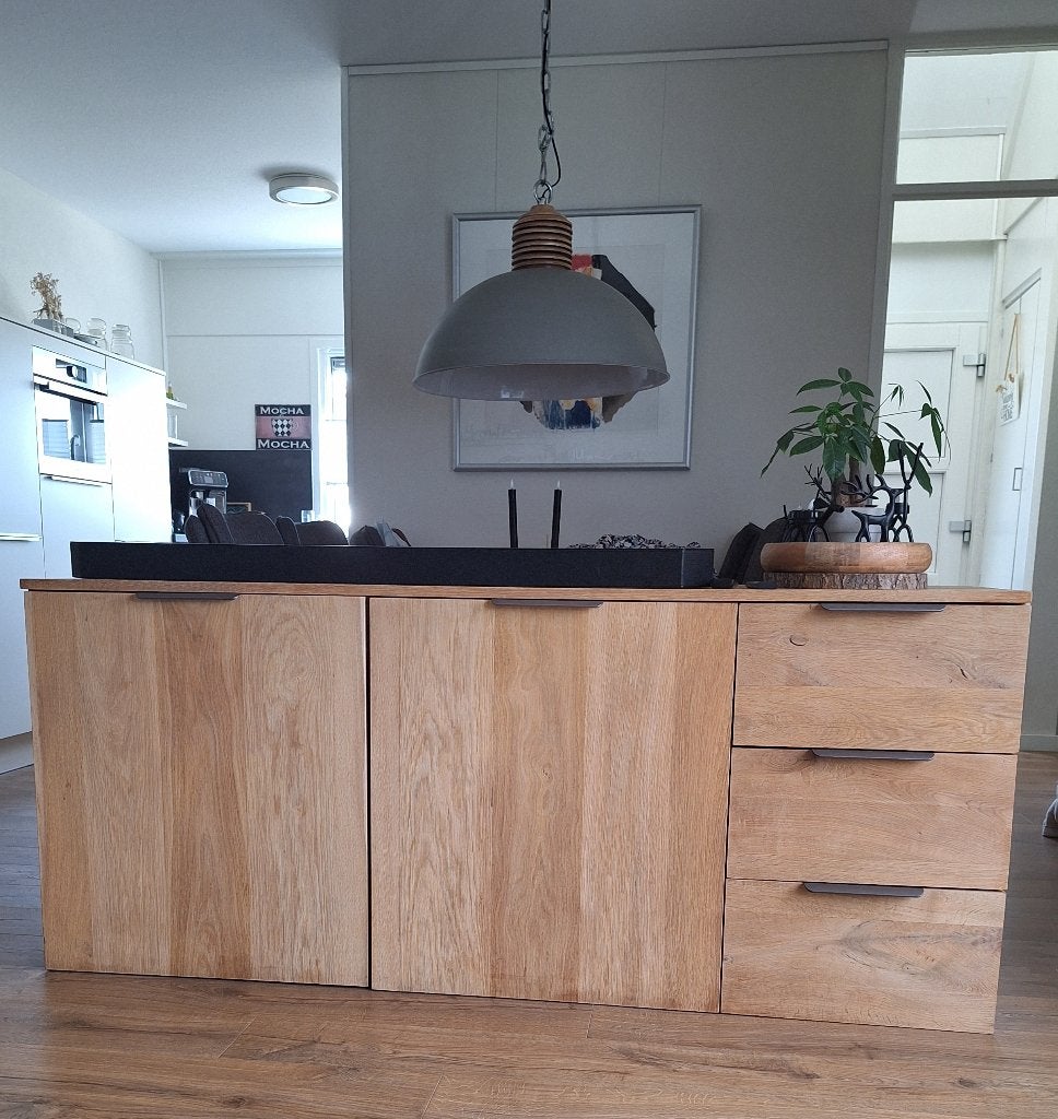 Massief licht eiken TV-kast inclusief TV-lift, Ophalen, Gebruikt, 150 tot 200 cm, Eikenhout