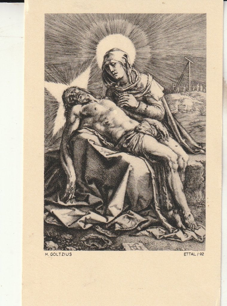Piëta Prent - H. Goltzius - Religieuze Kunst, Ophalen of Verzenden, Gebruikt, Kaart of Prent, Christendom | Katholiek