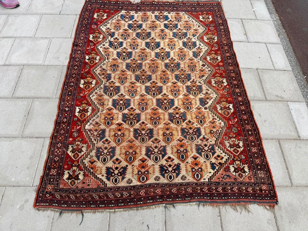 Zeldzaam antiek Qashqai tapijt –180x133cm– meer dan 100 jaar, Gebruikt, 100 tot 150 cm, Wol, Geel