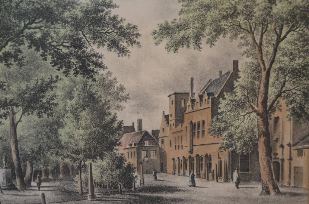 Grafiek Abdij Middelburg geen jaar, geen maker., Antiek en Kunst, 33 cm, Ingelijst, Overige technieken, Architectuur