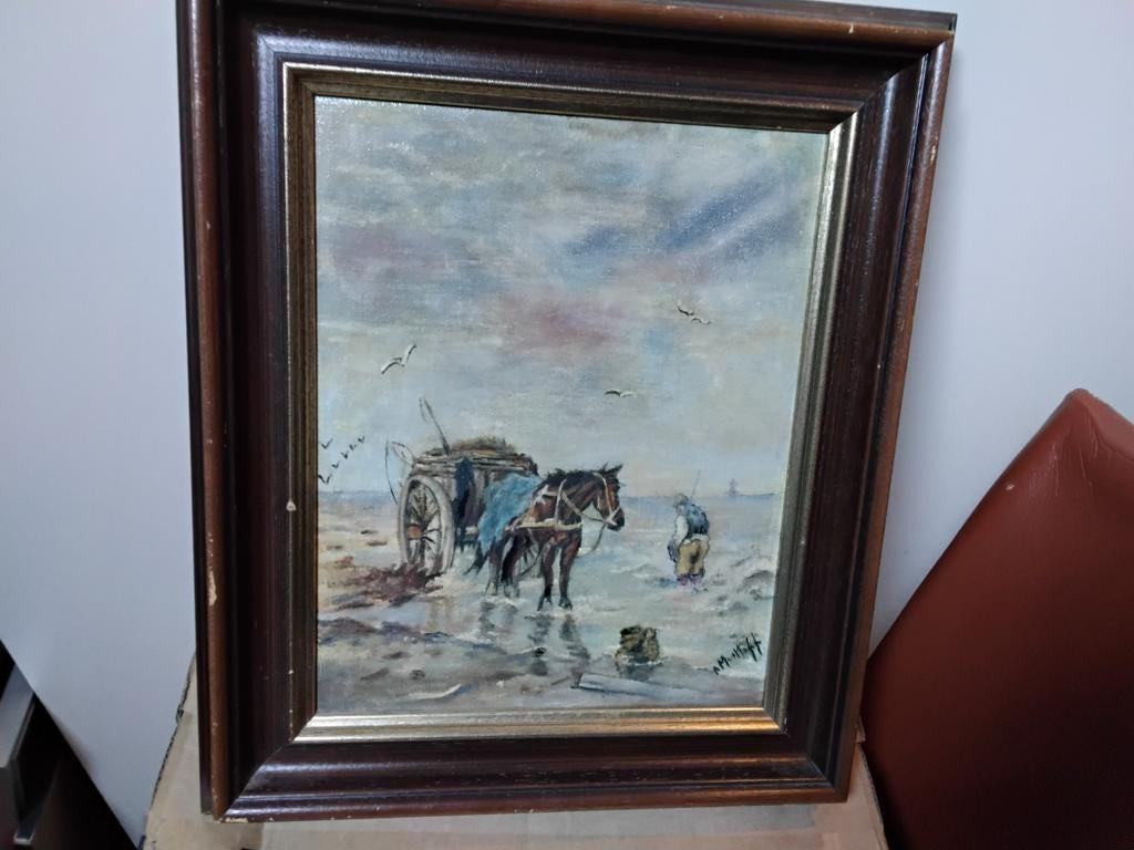Schilderij schelpenvisser aan het strand., Ophalen of Verzenden