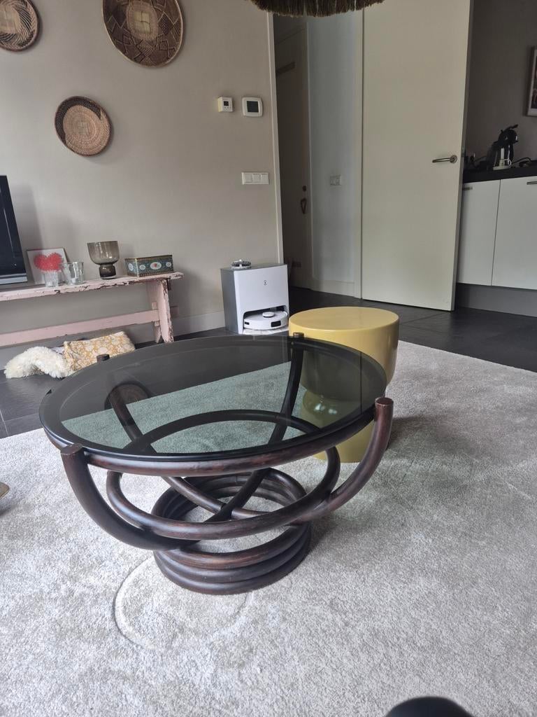 Vintage manou salontafel jaren 70 met blad van gerookt glas, Ophalen, 100 tot 150 cm, 50 tot 100 cm, Rechthoekig