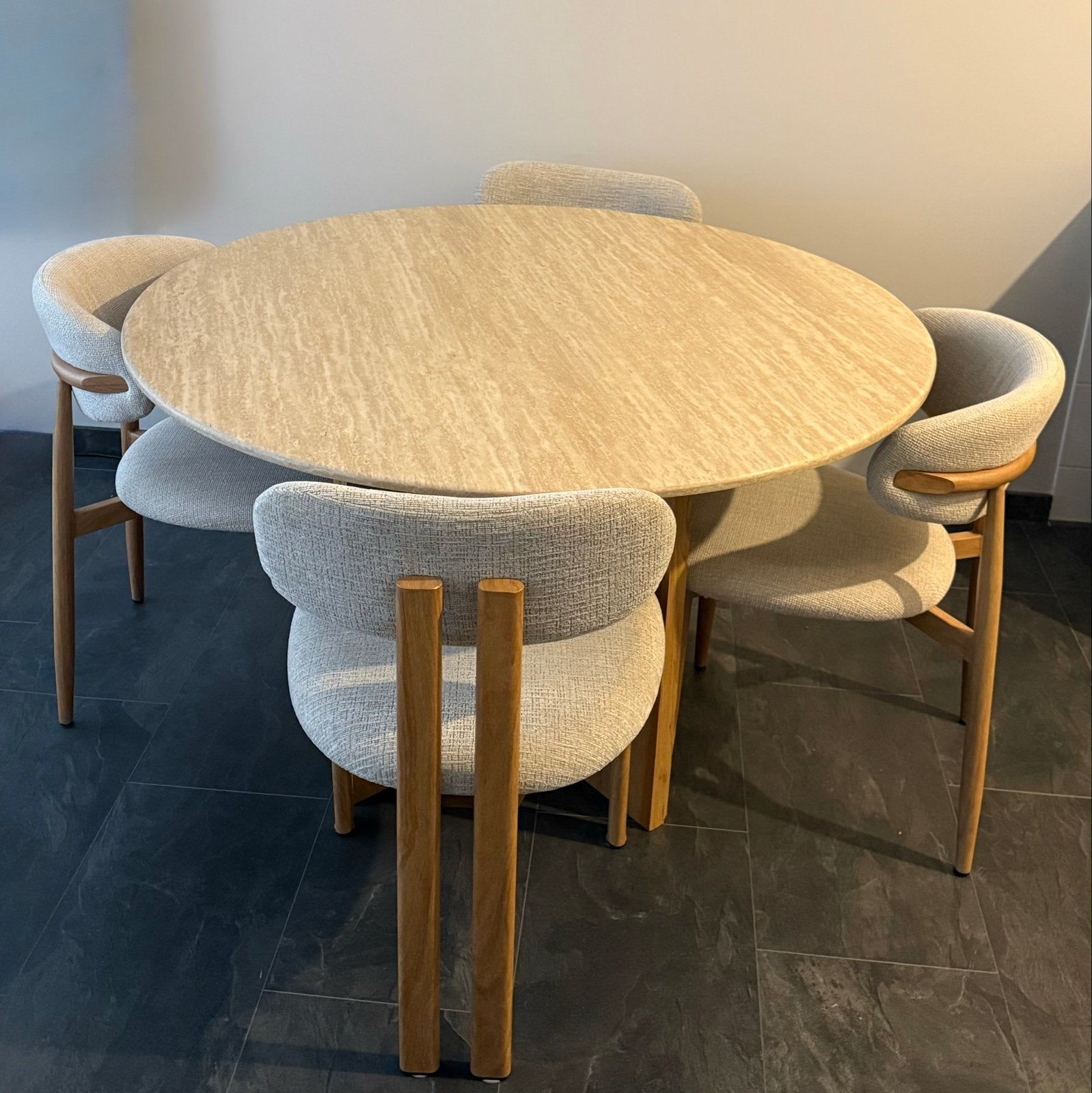 Ronde eettafel met 4 stoelen - japandi, Ophalen, 100 tot 150 cm, Rond, Zo goed als nieuw