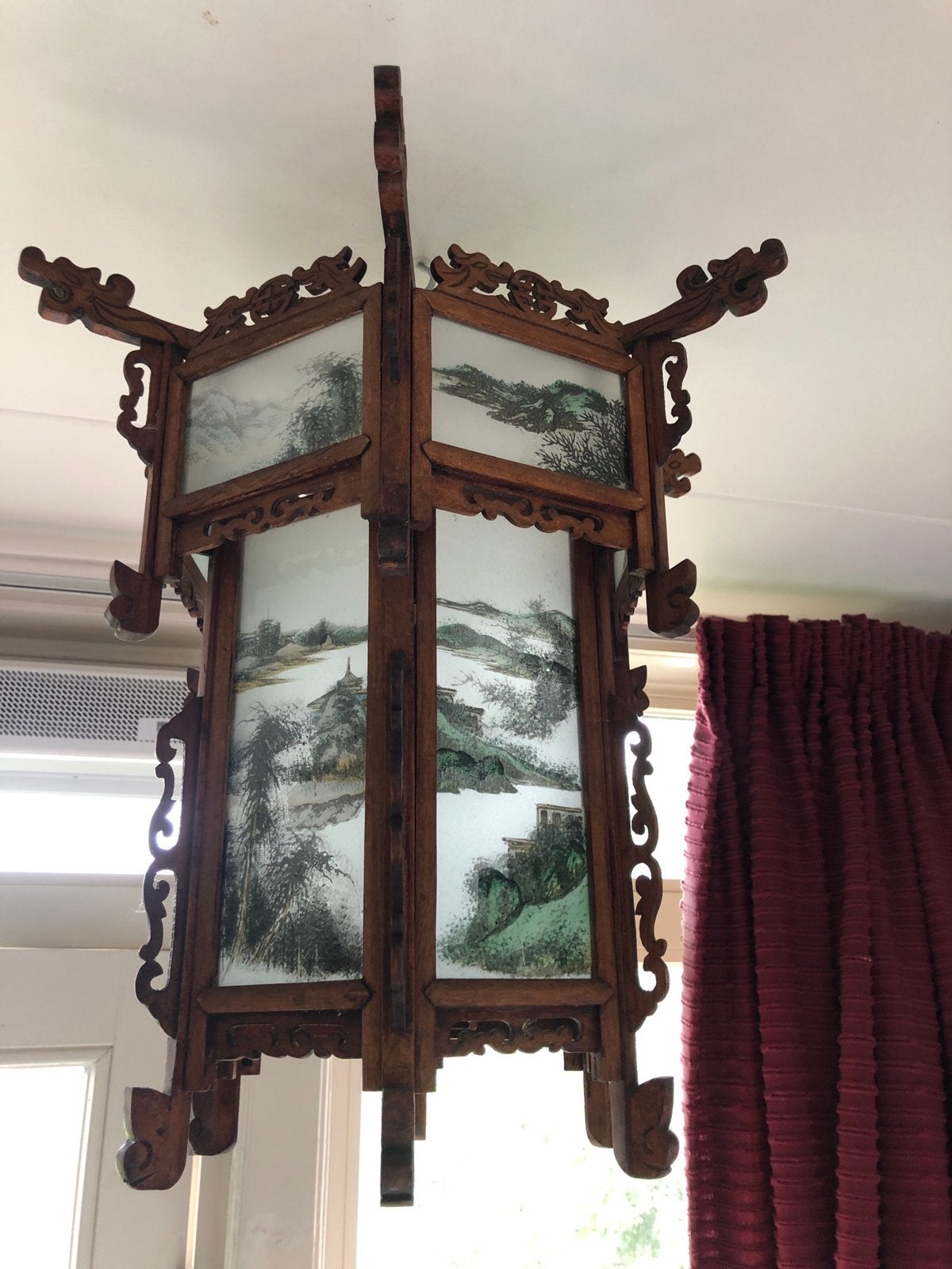 Chinese lantaarn hanglamp hout met glas 46 cm, Antiek en Kunst, Ophalen