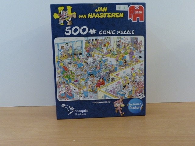Jan van Haasteren Comic Puzzel - Sanquin Bloedbank 500+, Ophalen of Verzenden, 500 t/m 1500 stukjes, Zo goed als nieuw, Legpuzzel