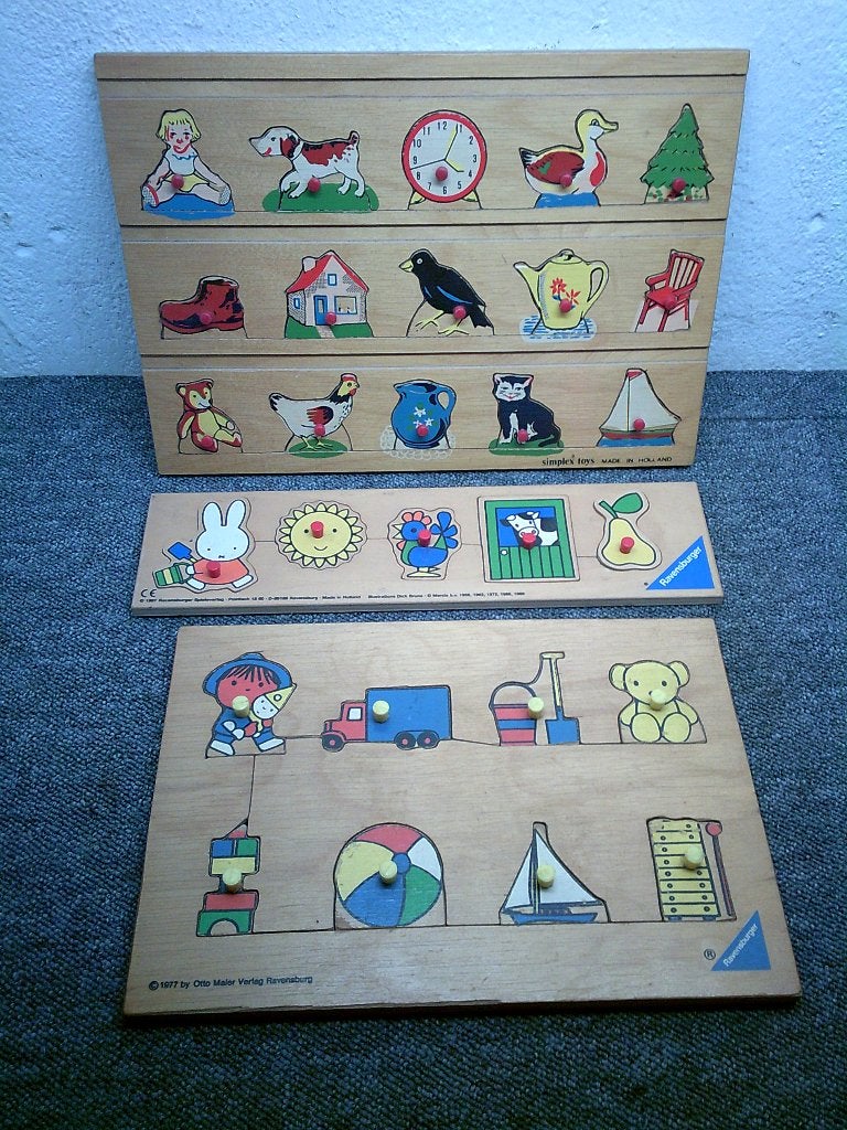 Vintage houten knoppuzzels, Ophalen of Verzenden, 10 tot 50 stukjes, Gebruikt, Van hout