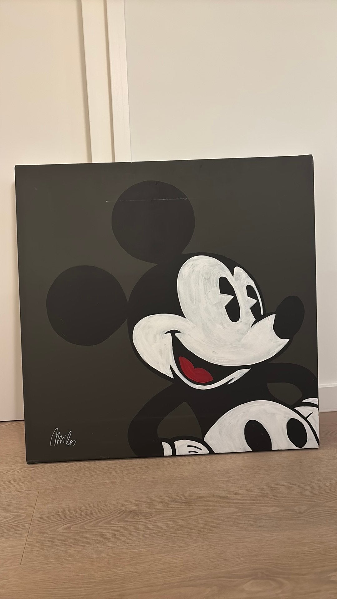 Groot Pop-Art Schilderij Mickey Mouse –David Miles –80x80 cm, Olieverf, Stripfiguren/cartoons, Textiel, Gesigneerd