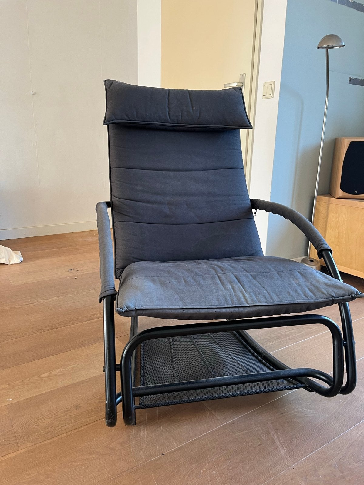 Zwarte schommelstoel / ligstoel met katoenen bekleding, Huis en Inrichting, Ophalen, Gebruikt, Zwart, Eén