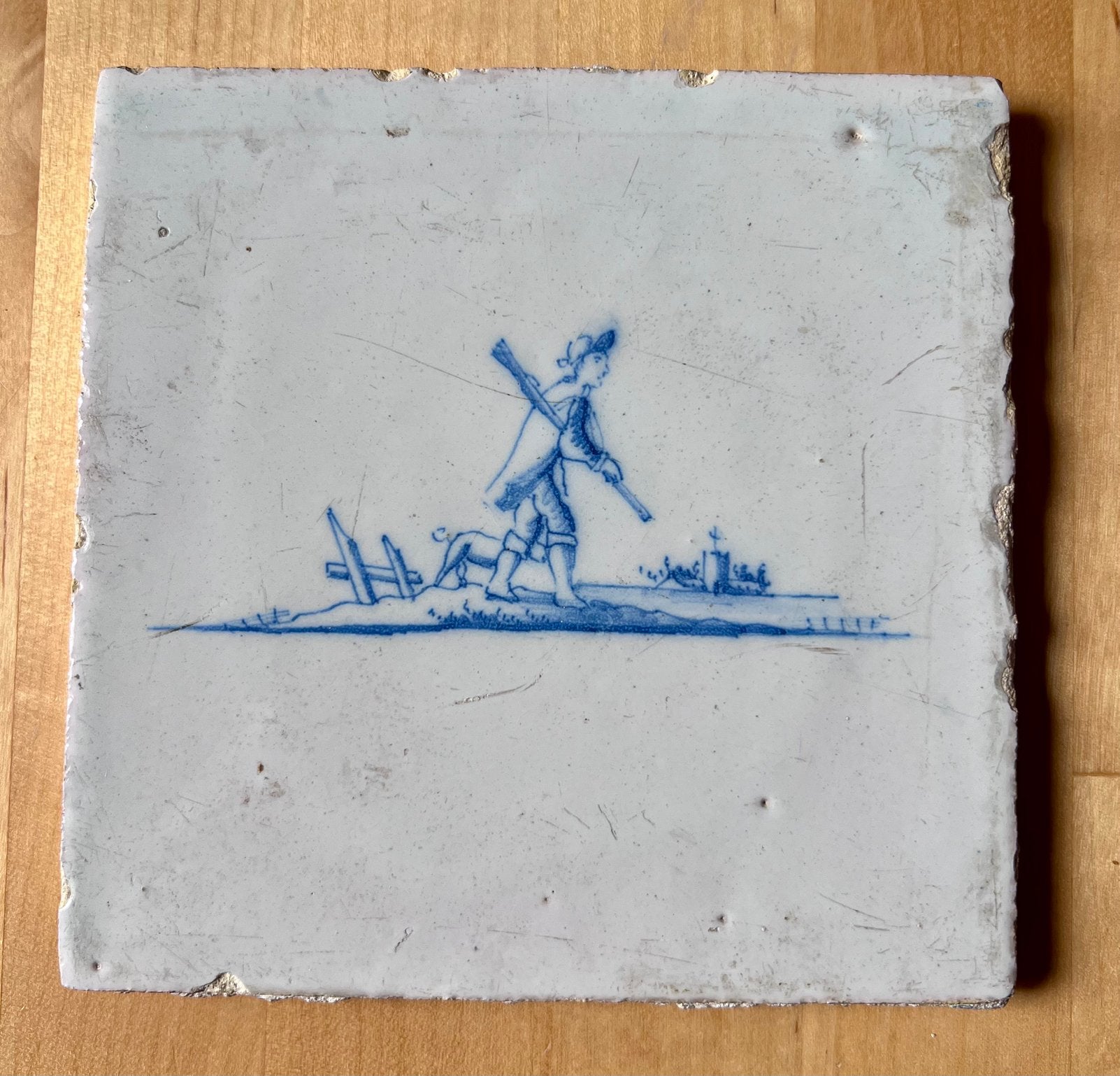 Antieke Delfts blauwe tegel jager met hond - ca. 1800, Antiek en Kunst, Ophalen of Verzenden